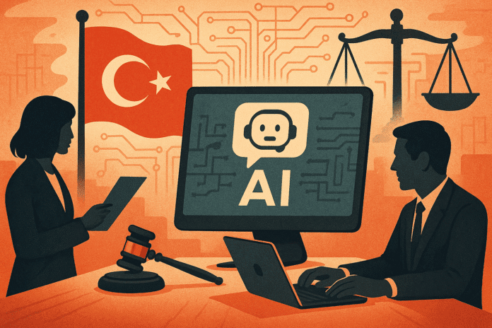 ChatGPT Image 13 Tem 2025 13_03_27 Digital illustration of a Turkish government legal setting with an AI chatbot interface on a monitor, Turkish flag, gavel, scales of justice, and two silhouetted professionals.
