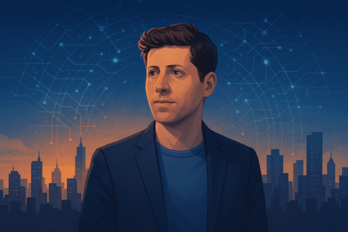 A modern city silhouette and digital AI networks surround Sam Altman as a stylized figure in the foreground; innovation, technology, and leadership take center stage.
