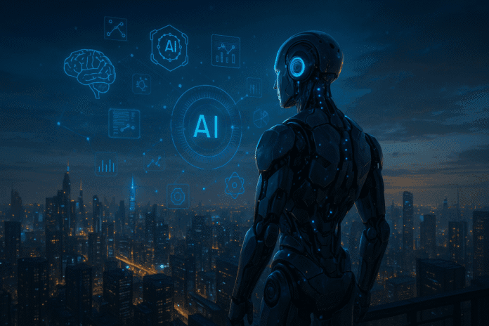 A futuristic cityscape at dusk, with a humanoid AGI robot on a skyscraper rooftop overlooking glowing buildings and holographic AI data. The scene radiates optimism, innovation, and the promise of Artificial General Intelligence shaping the future.