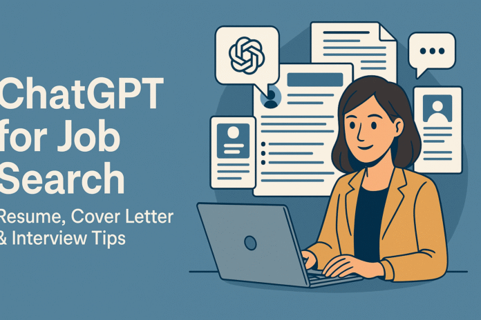 A professional woman in a mustard yellow blazer works at a laptop, surrounded by resumes and ChatGPT icons, illustrating AI-assisted job application preparation.
