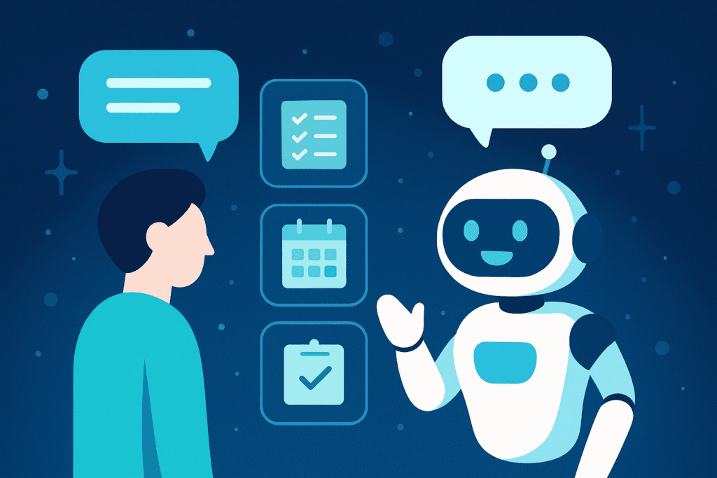 Illustration of a friendly robot AI assistant guiding a user through tasks