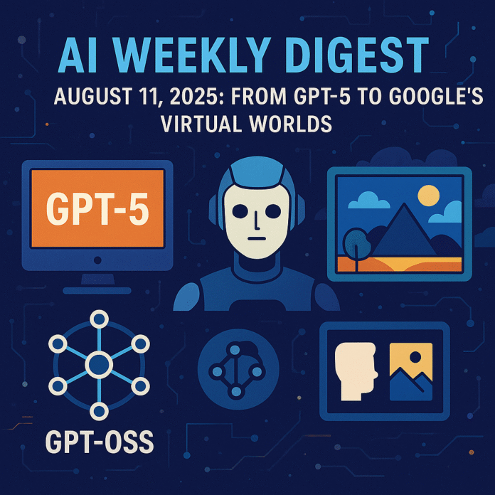 AI Weekly Digest – August 11, 2025: From GPT-5 to Google’s Virtual Worlds AI Weekly Digest – August 11, 2025: From GPT-5 to Google’s Virtual Worlds cover image featuring GPT-5, GPT-OSS, AI robot, virtual landscapes, and AI-generated images.