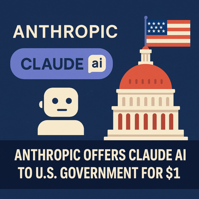Digital illustration showing Anthropic’s Claude AI alongside the U.S. Capitol building and an American flag, highlighting the $1 offer to the U.S. government.