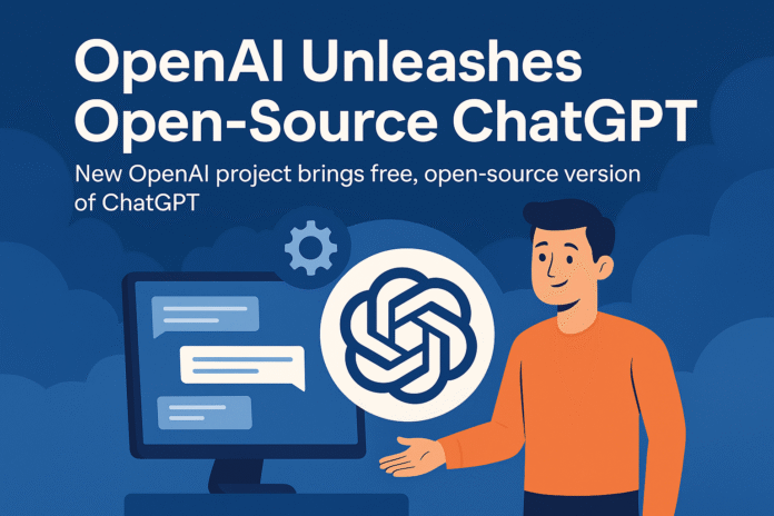 Illustration of ChatGPT-OSS installation showing OpenAI logo, computer screen, and user setup guide