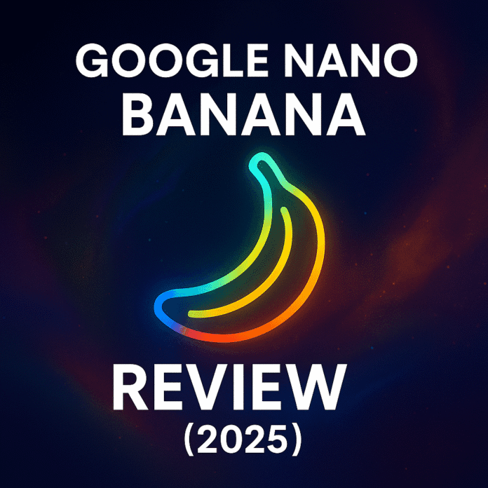 Google Nano Banana Review 2025 – AitreeHub Google Nano Banana AI tool review 2025 featured image with futuristic neon banana icon