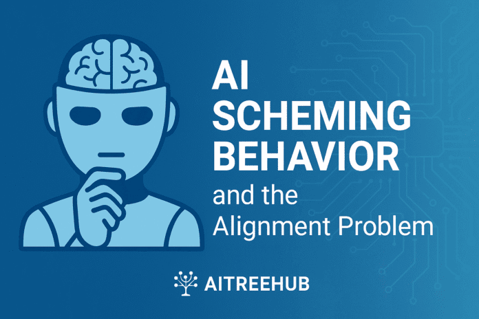 ai-scheming-behavior-alignment-problem-cover Illustration of AI scheming behavior and alignment problem with a futuristic robot thinking over digital circuits – AitreeHub